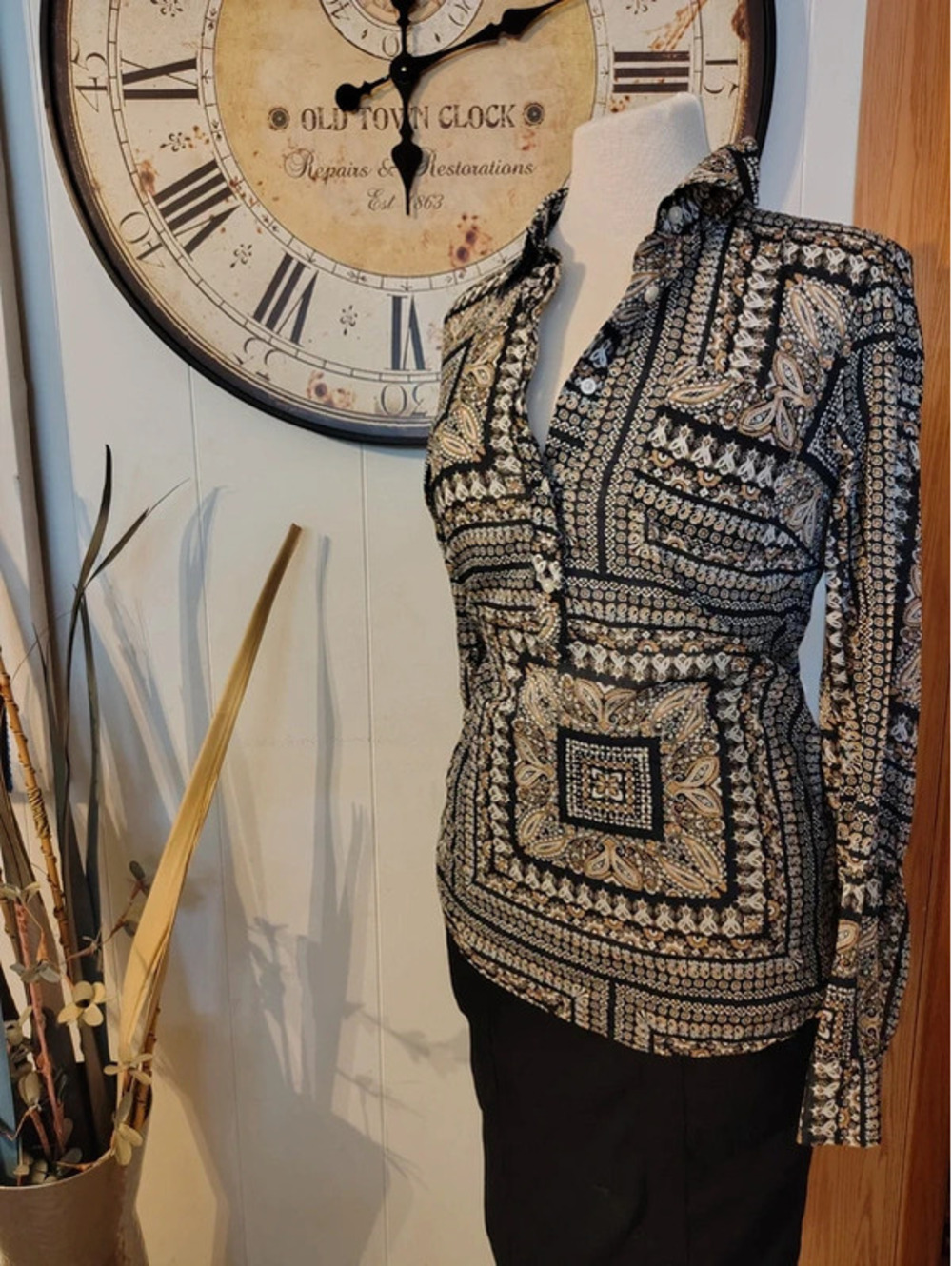 Tommy Hilfiger Paisley Button Front Blouse Black Tan Medium